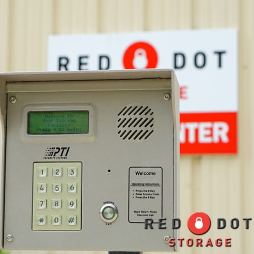 A keypad at the gate of Red Dot Storage in Rockford, Illinois