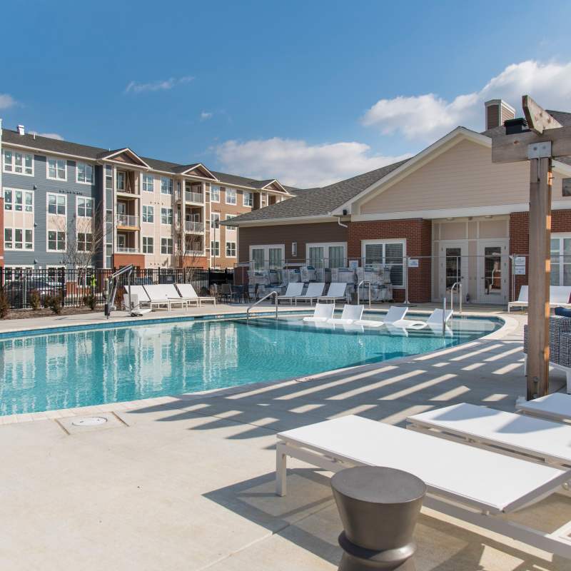 Resort-style pool with in-pool lounge chairs at Palmer's Creek, Fredericksburg, Virginia