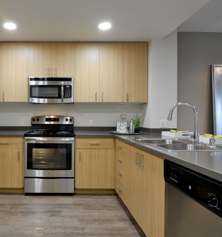 Kitchen with plenty of cabinetry and counter top space at Domus on the Boulevard in Mountain View, California