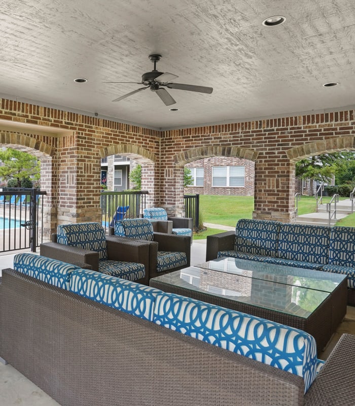 Patio seating at Scissortail Crossing Apartments in Broken Arrow, Oklahoma