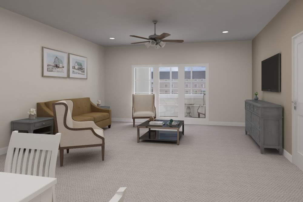 Living room with couch, coffee table and tv at Harmony at Tucker Station in Louisville, Kentucky