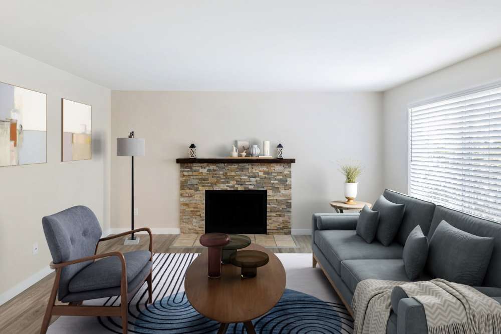 Living room with fireplace at Oswego Cove in Lake Oswego, Oregon