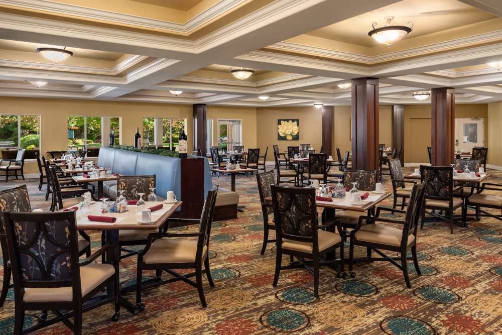 Lobby with fireplace at Patriots Landing in DuPont, Washington. 