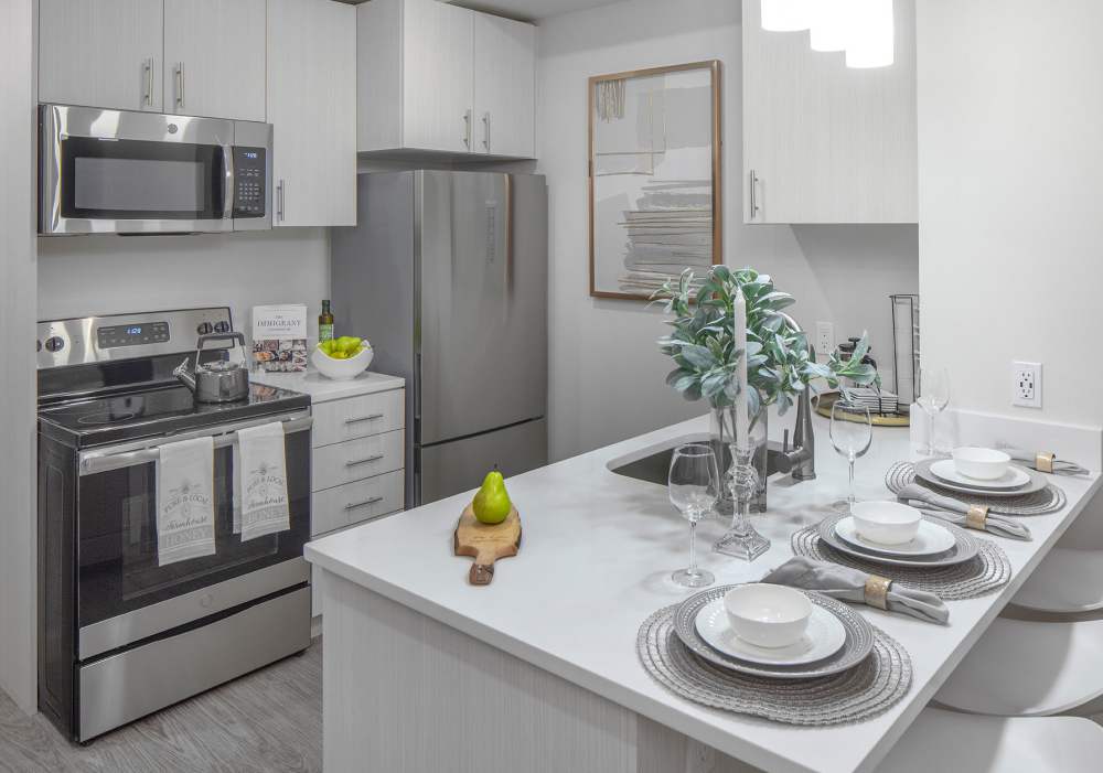 Modern Kitchen, stainless steel appliances with island seating at Acqua Apartmentsin Portland, Oregon