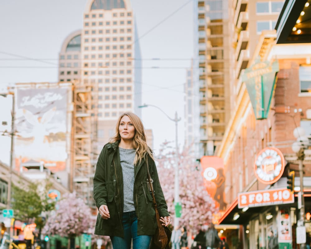 Resident enjoying her new home and neighborhood at The Meadows in Tacoma, Washington