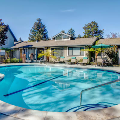 Serene swimming pool in the morning at Vue Fremont in Fremont, California