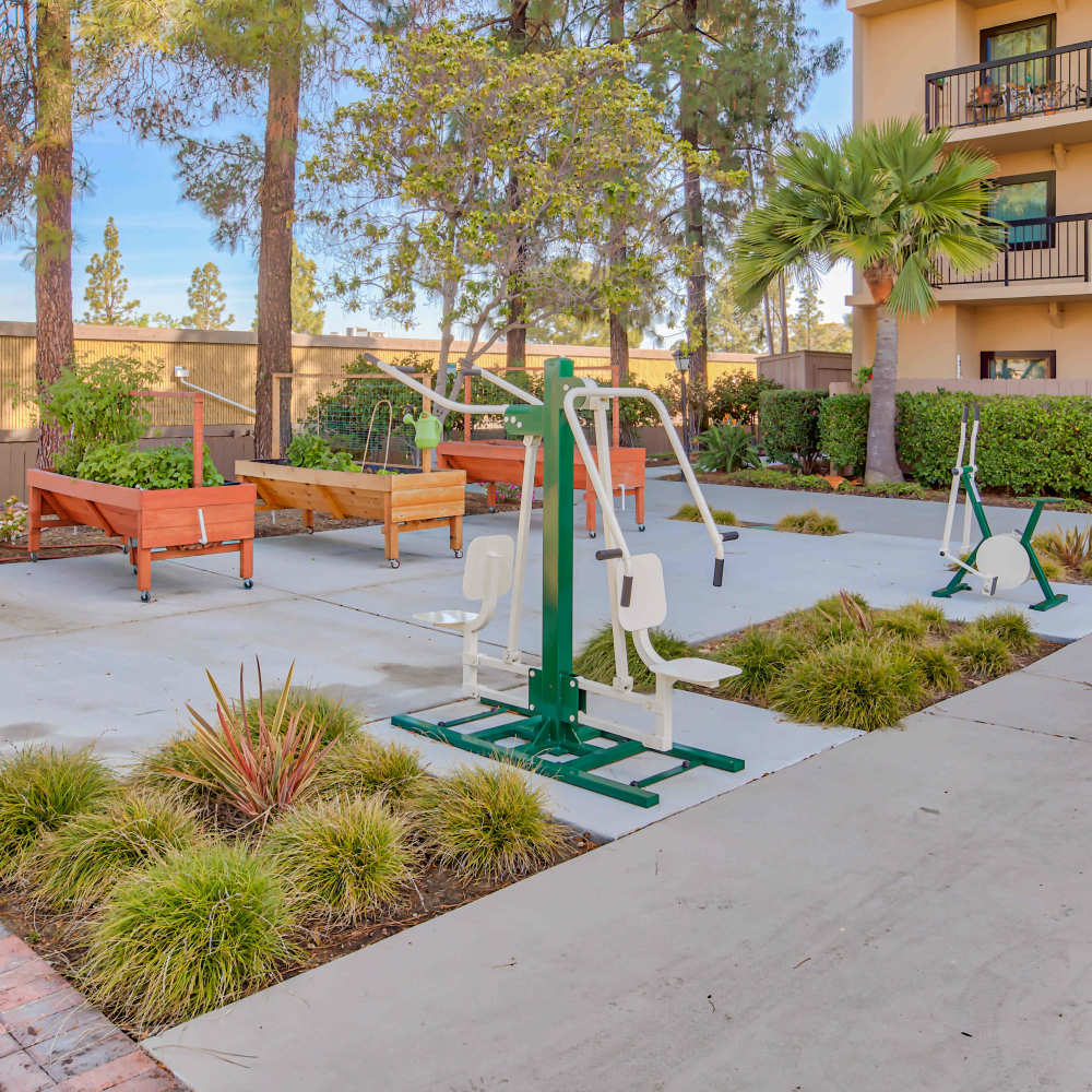 Outdoor fitness equipment and community garden with raised beds at The Springs in La Mesa, California