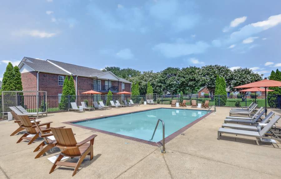 Refreshing community pool with upgraded lounge seating at Saddlebrook Apartments in Murfreesboro, TN.