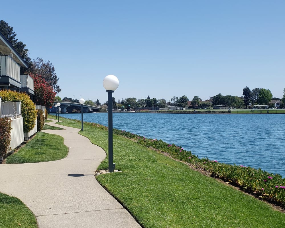 Walking path along the water at Sand Cove in Foster City, California