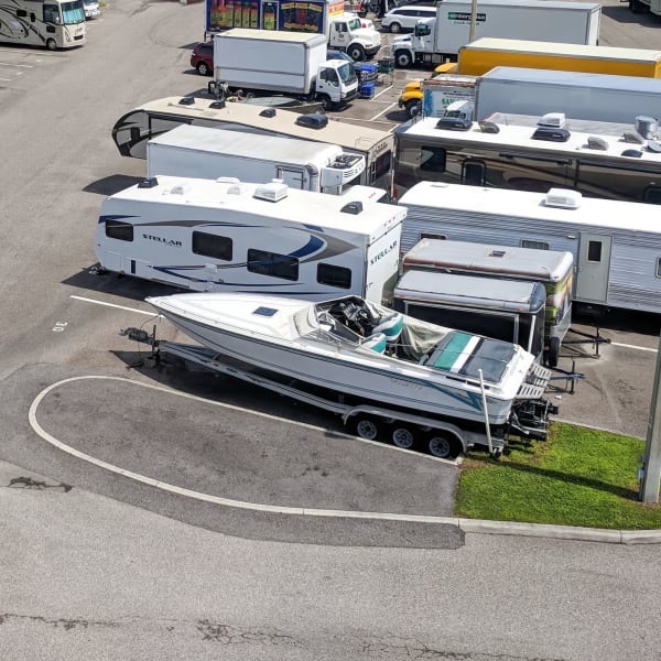 Aerial view of RVs and boats stored at StorQuest RV & Boat Storage in Wilsonville, Oregon