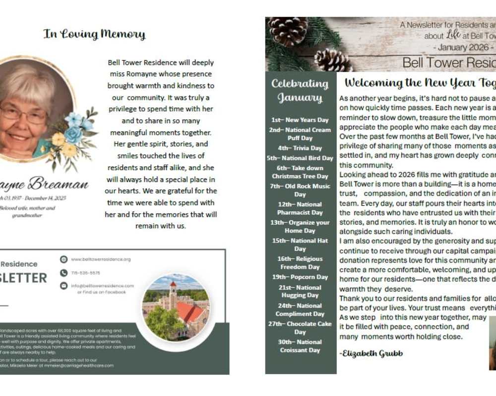 January 2026 Newsletter at Bell Tower Residence Assisted Living in Merrill, Wisconsin