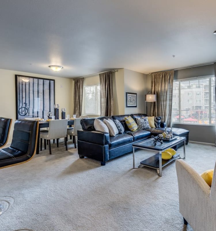 Spacious open floor plan layout with plush carpeting in a model home at Vue Issaquah in Issaquah, Washington