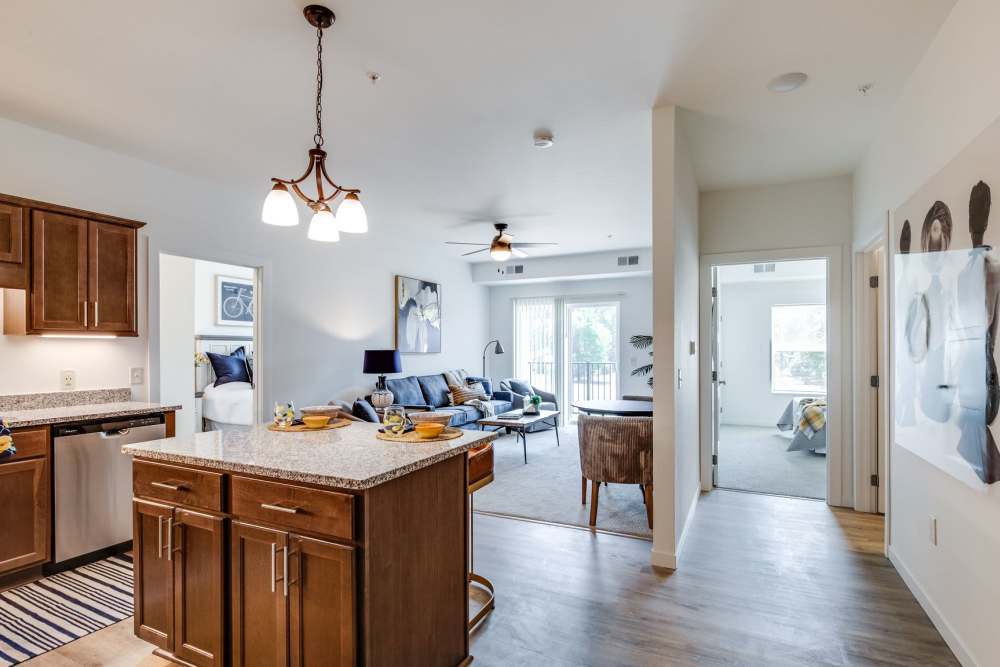 Open kitchen and spacious living room in an apartment at Glenfield Park Estates in Blaine, Minnesota
