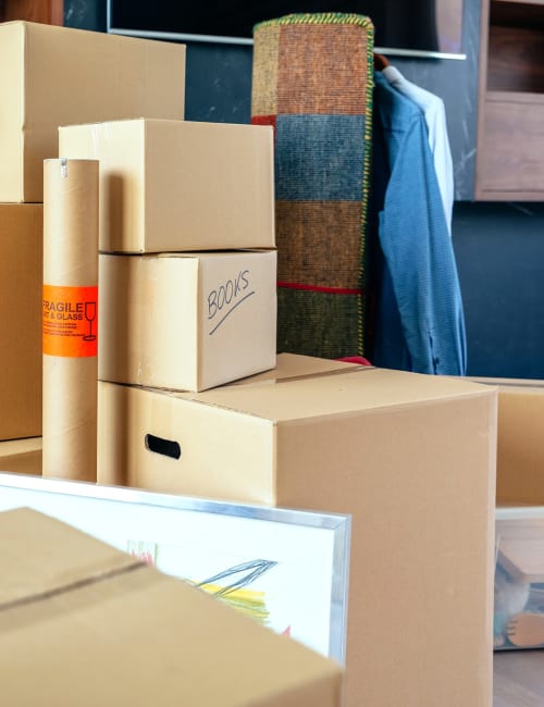 A stack of boxes, ready for storage at Storage World in Sinking Spring, Pennsylvania