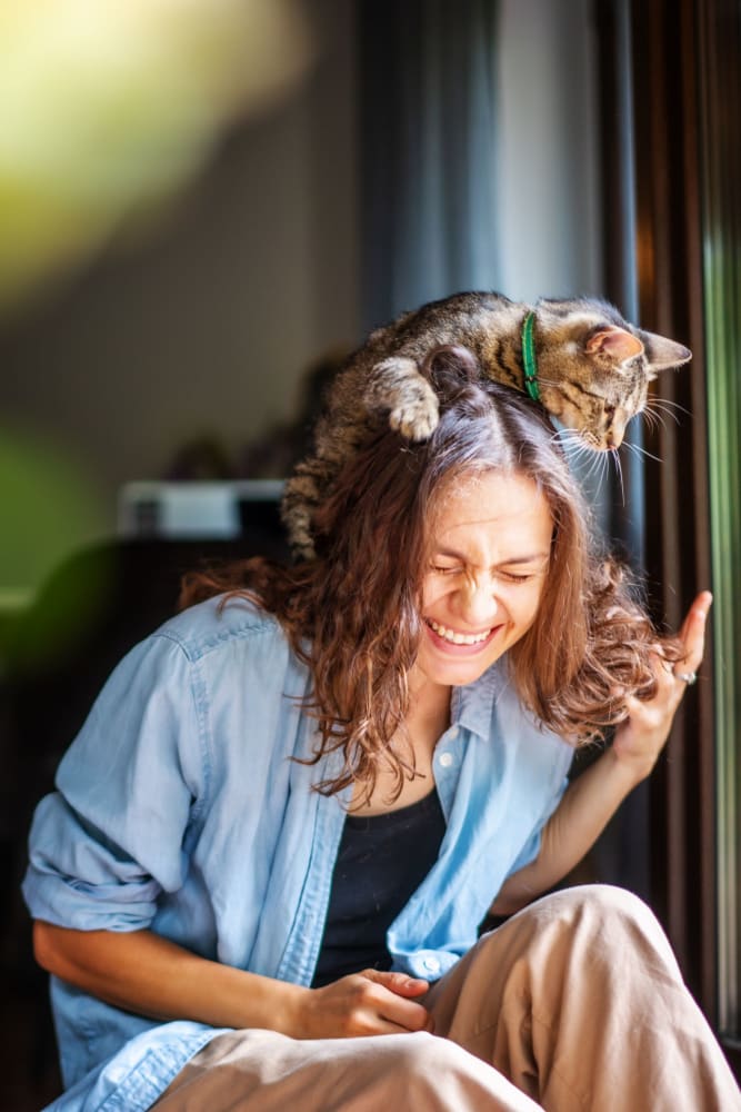 Woman laughing with her cat on her head at The Winthrop in Tacoma, Washington
