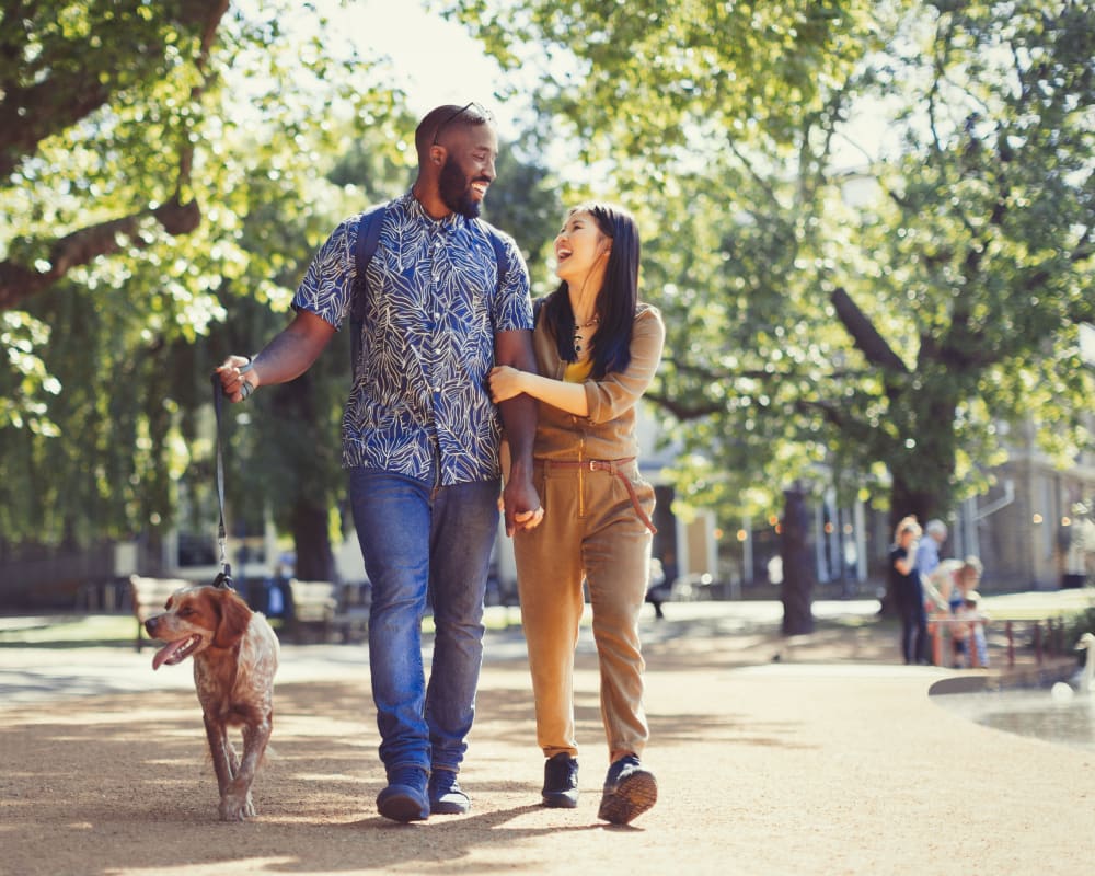 Couple walking their dog near Civic Lofts in Denver, Colorado