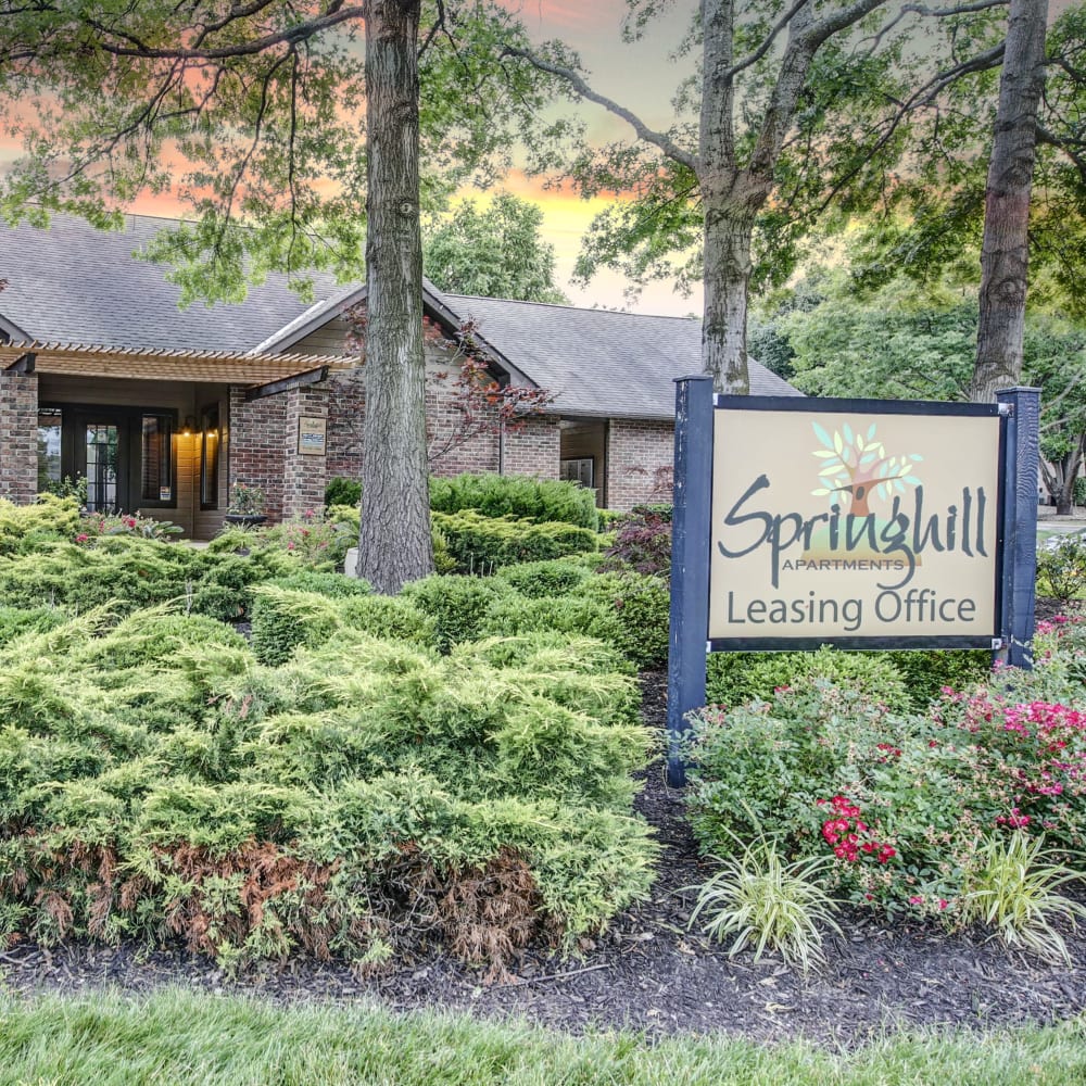 Springhill Apartments sign with beautiful landscaping at Springhill Apartments in Overland Park, Kansas 