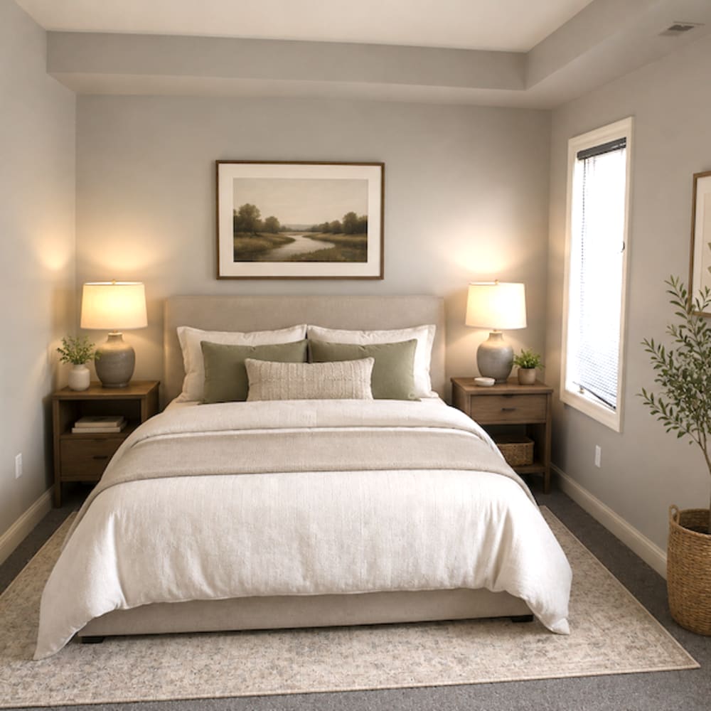 Light and bright furnished model unit bedroom at Stockbridge Apartments in Des Moines, Iowa