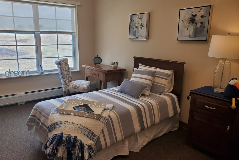 Resident bedroom at Milestone Senior Living Eau Claire in Eau Claire, Wisconsin. 