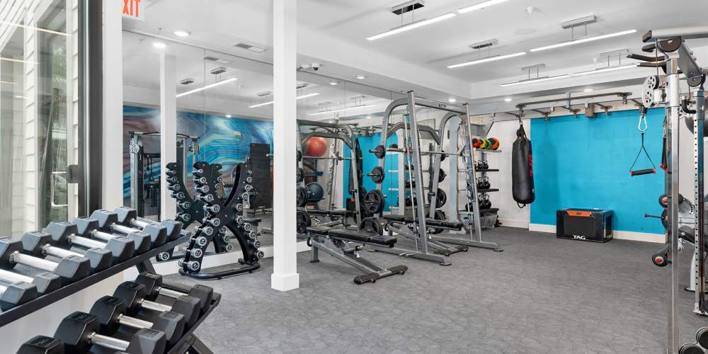 Community fitness center with weight machines at SoBA Apartments in Jacksonville, Florida