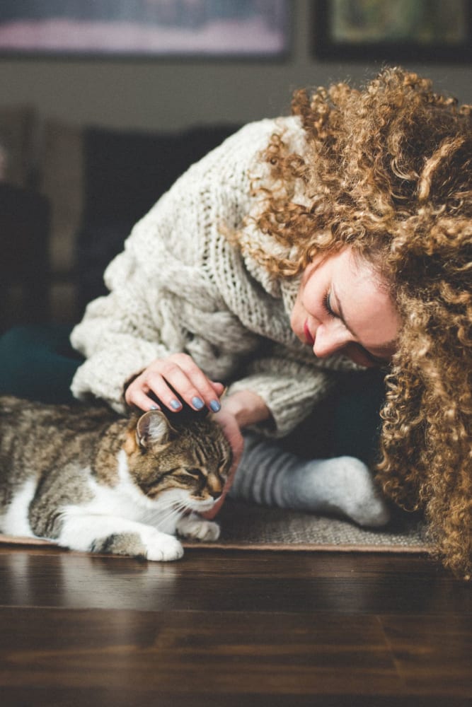 Resident petting her cat in their apartment at Pearl Pointe Apartments in Burlington, New Jersey
