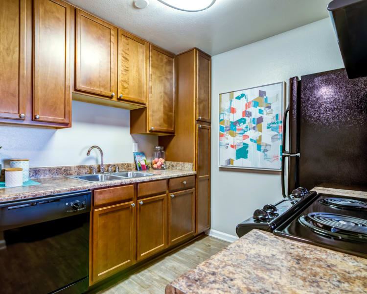 Modern kitchen with ample cupboard space and granite countertops in a model home at Sofi Poway in Poway, California