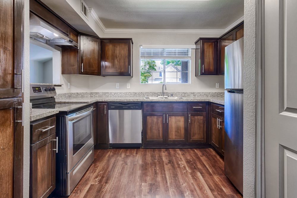 Apartment kitchen at Larkspur Woods in Sacramento, California
